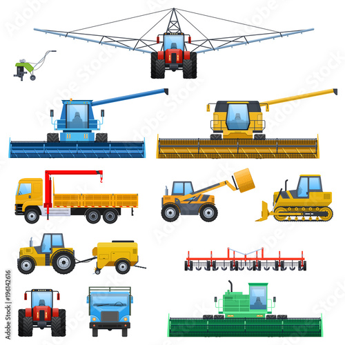 Set of modern agricultural machines. Farmer s transport.