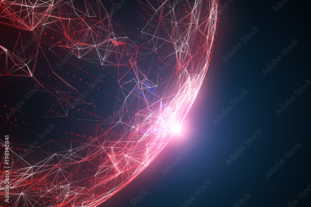 Futuristic red colored abstract network globe with flare of light, view from space. Illustration background - obrazy, fototapety, plakaty 