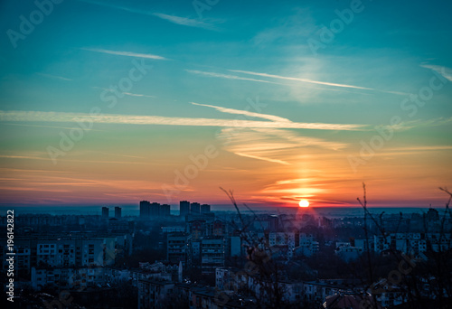 Plovdiv skyline silhouette during golden sunrise