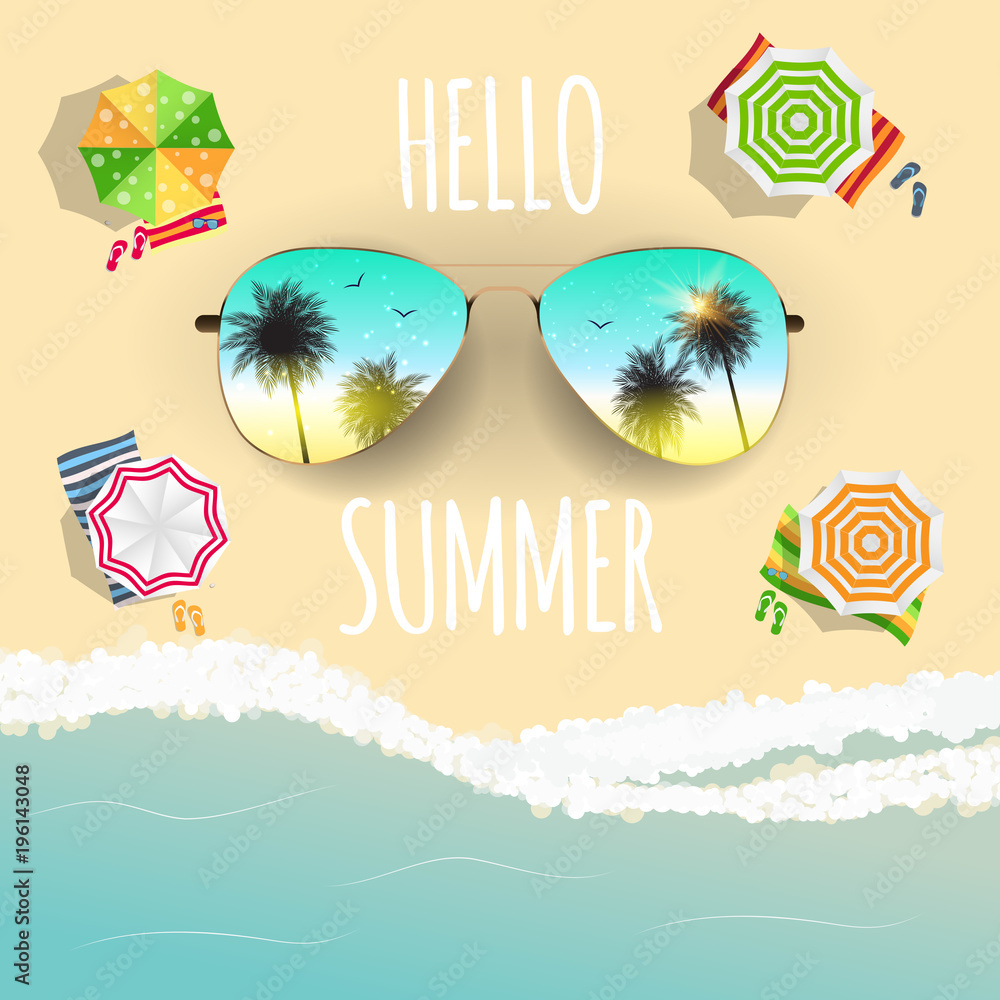 Hello Summer Background with Glass and Palm. Vector Illustration