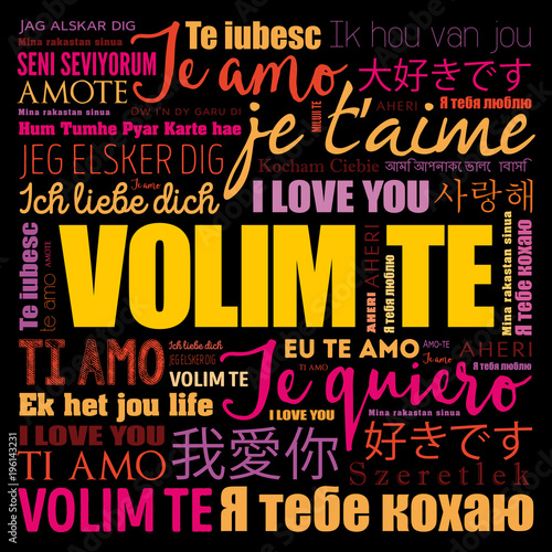 Volim te (I Love You in Croatian) in different languages of the world, word cloud background photo