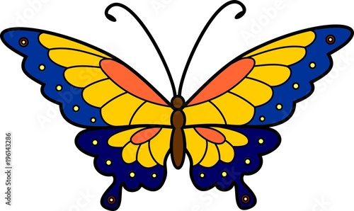 Butterfly with spread yellow-blue wings on a white background