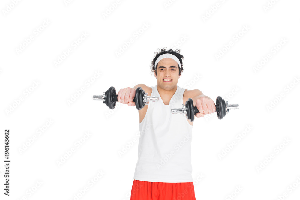 Skinny man in sportswear holding dumbbells isolated on white Skinny man in sportswear holding dumbbells isolated on white