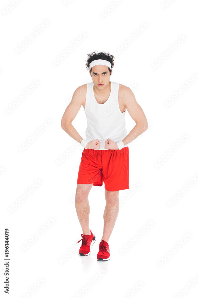 Thin sportsman showing muscles on hands isolated on white Thin sportsman showing muscles on hands isolated on white