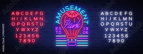 Amusement Park logo in neon style. Design template with a balloon. Neon sign, light banner, design element, bright night advertising for your projects. Vector illustration. Editing text neon sign