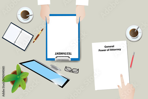 Top view of the office desk in the notary office. Lawyer has a folder testament and client has a general power of attorney. 