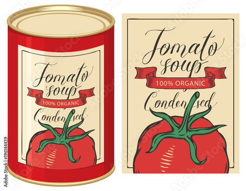 Vector illustration of label for condensed tomato soup with handwritten inscriptions and tin can with this label