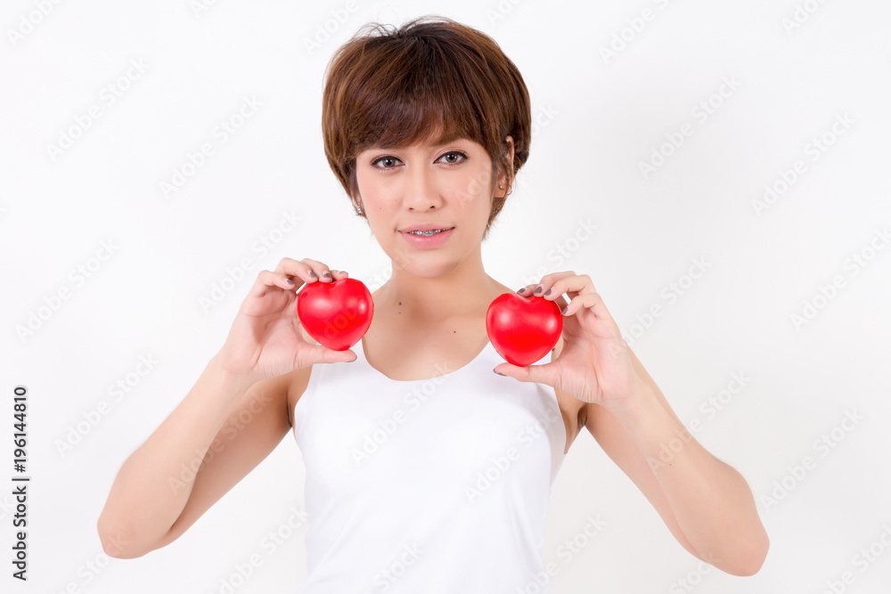 Beautiful young asia woman with red hearts. Isolated on white background. Studio lighting. Concept for healthy. Beautiful young asia woman with red hearts. Isolated on white background. Studio lighting. Concept for healthy.