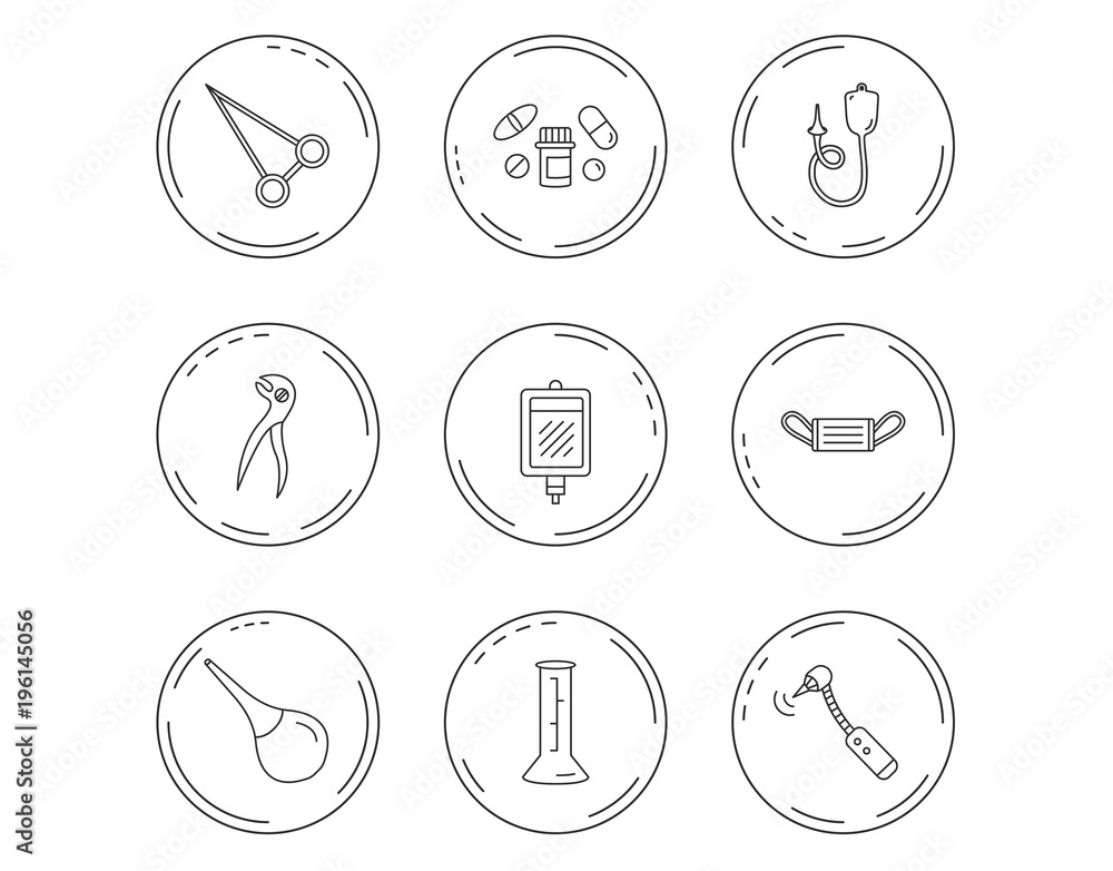 Medical mask, blood and dental pliers icons. Medical mask, blood and dental pliers icons.