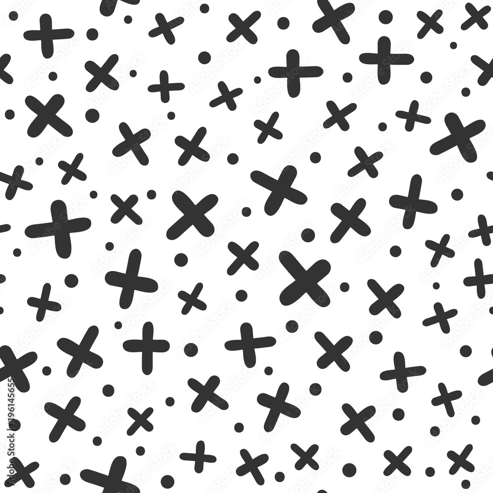Geometrical seamless pattern with crosses and round spots. Drawn by hand, sketch, doodle. Geometrical seamless pattern with crosses and round spots. Drawn by hand, sketch, doodle.