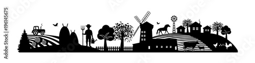Village landscape with trees, fields, farm animals and farm