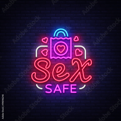 Safe Sex design template. Safe sex condom concept for adults in neon style. Neon Sign, Element Design, Digital Projects. Intimate store. Bright nightly advertising. Vector illustration