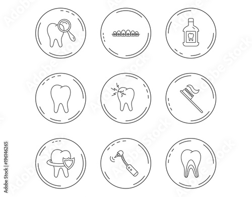 Tooth, dental braces and mouthwash icons.