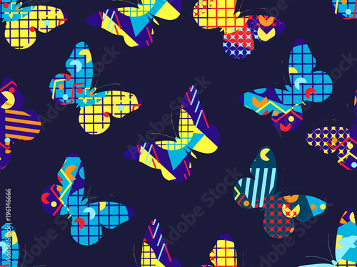 Butterfly memphis seamless pattern. Geometric elements memphis in the style of 80's. Vector illustration