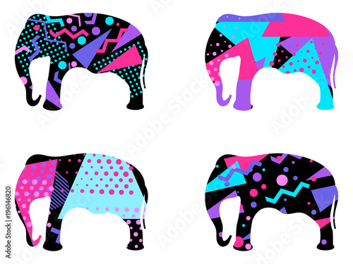 Elephant with a pattern of geometric shapes, memphis style. Vector illustration