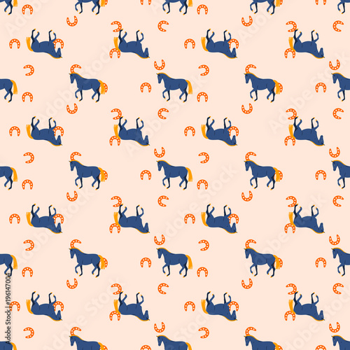Horse and horseshoe seamless peach color pattern.