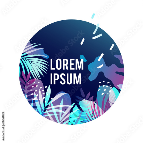 Tropical background with palm leaves and memphis elements. Vector illustration.