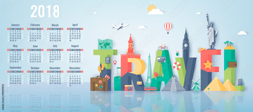 Calendar for 2018 with famous world landmarks. Week Starts Sunday. Vector