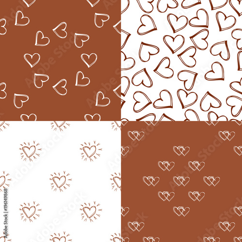 Set of seamless pattern backgrounds with hearts. Orange Wallpaper. Wedding or Valentine s Day. Vector illustration.