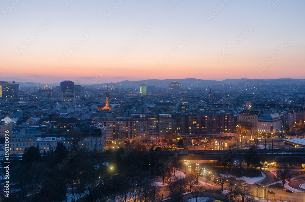 Vienna city lights at sunset in winter