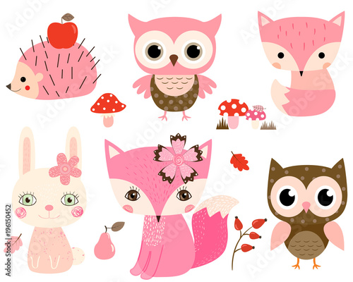 Cute woodland animals in pink and brown colors for children designs and greeting cards