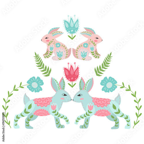 Cute folk design rabbits in beautiful flowers.