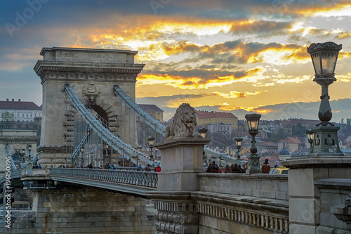 Chain bridge in Budapest at sunset photo