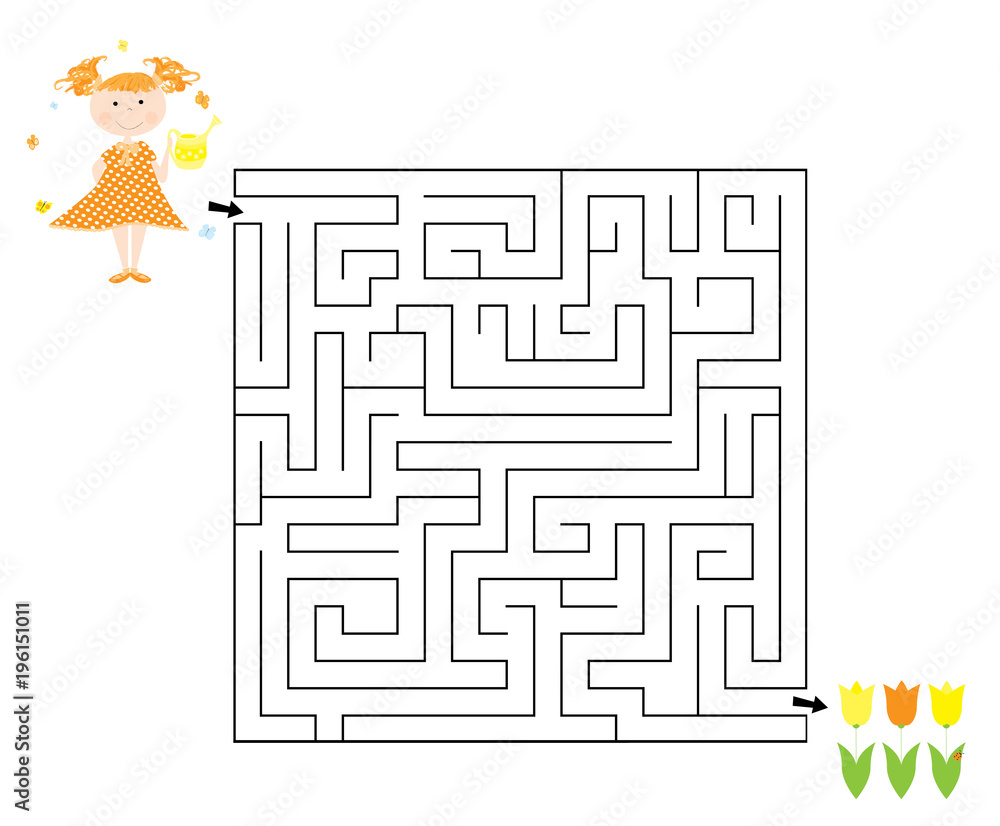 Easy spring / Easter maze game for children with a child , watering can and tulips / vector illustration on white background
