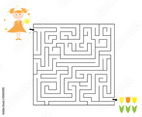 Obraz na płótnie Easy spring / Easter maze game for children with a child , watering can and tulips / vector illustration on white background w salonie