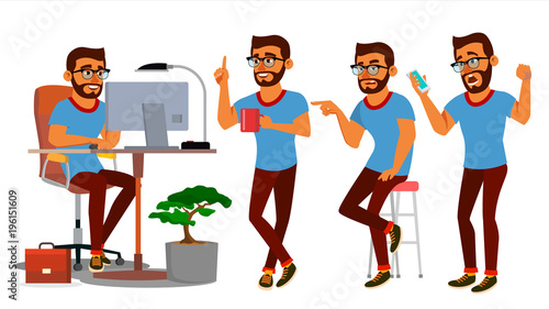 Business Man Character Vector. Working Hindu Male. IT Startup Business Company. Environment Process. Developer. Full Length. Programmer, Manager. Software. Flat Cartoon Business Character Illustration