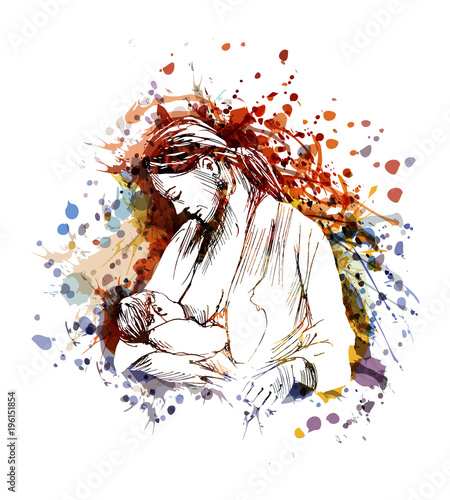 Vector color illustration of mother and baby