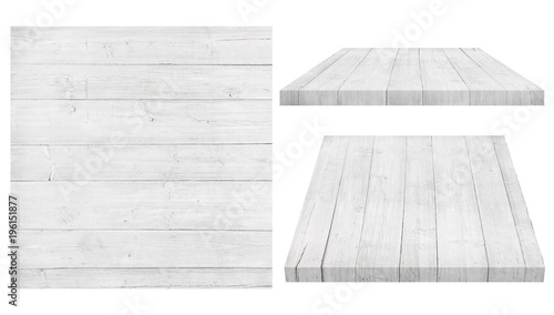 White wooden wall, table, floor surface, wooden texture. Objects are isolated on white background