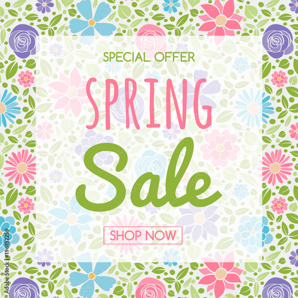 Spring Sale - text on background with flowers. Concept of a poster. Vector.