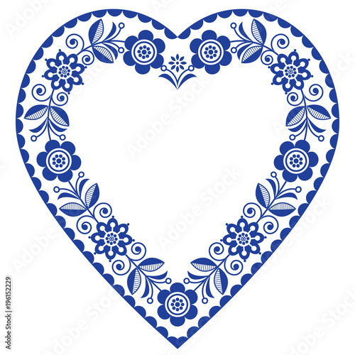 Folk heart vector design, Scandinavian floral ornament heart shape, traditional design with flowers in navy blue - birthday or wedding greeting card 