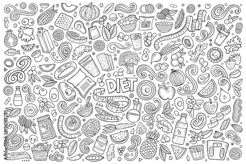 Vector doodles cartoon set of Diet food objects and elements