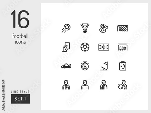 Set 1 of football / soccer icons on the white background. Universal linear icons to use in web and mobile app.