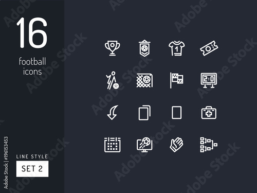 Set 2 of football / soccer icons on the black background. Universal linear icons to use in web and mobile app.