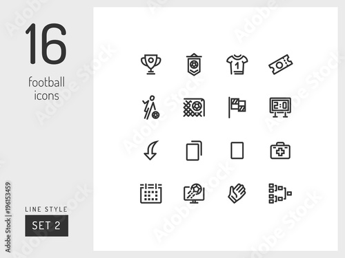 Set 2 of football / soccer icons on the white background. Universal linear icons to use in web and mobile app.