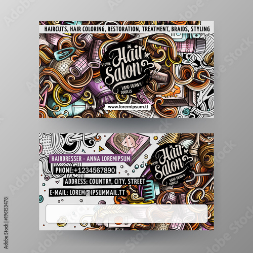 Cartoon cute vector doodles Hair salon identity cards template