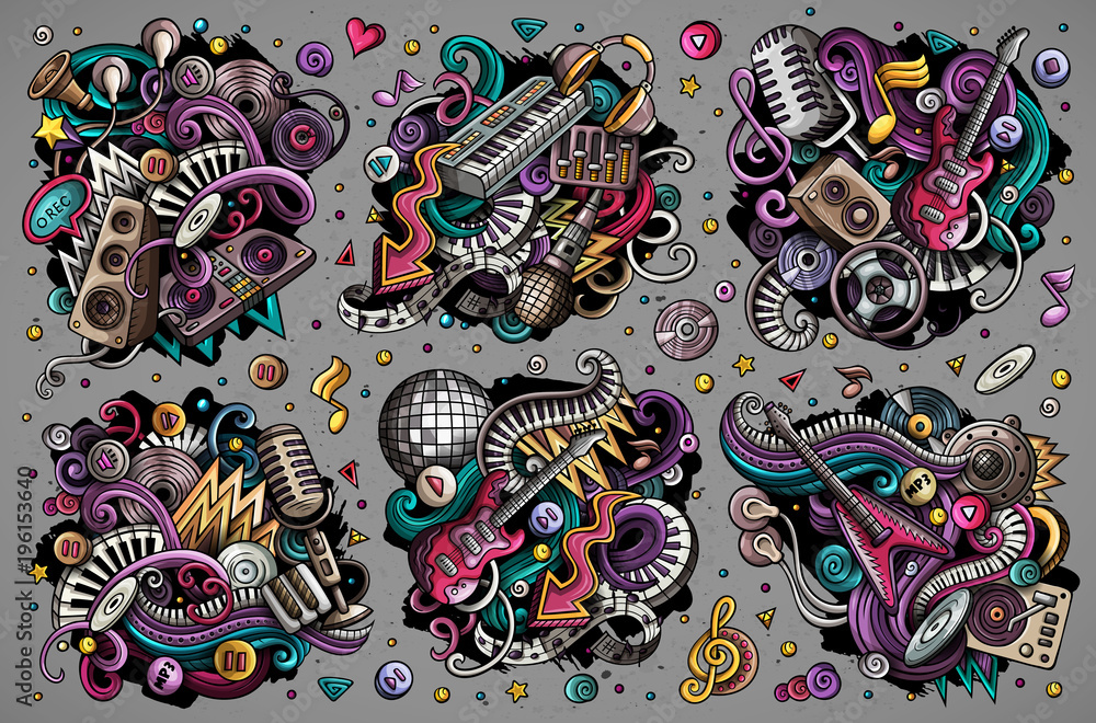 Fototapeta premium Colorful vector doodles cartoon set of disco music objects combinations