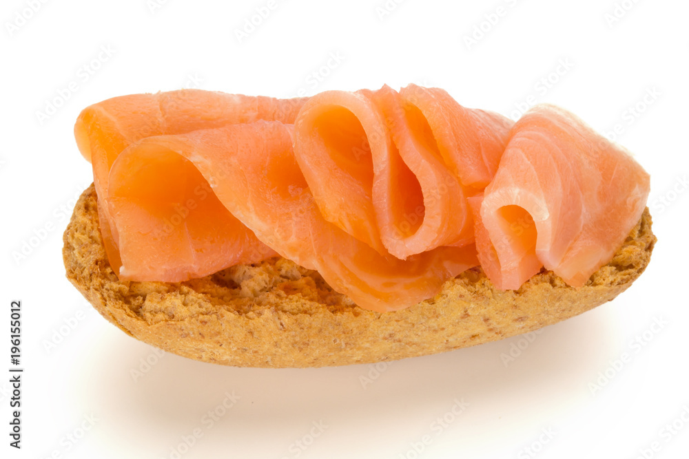 Bread with fresh salmon fillet isolated on white background, top view. Bread with fresh salmon fillet isolated on white background, top view.