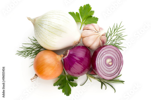 Onion and spices isolated on white background, top view.