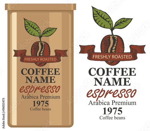 A tin can with label for coffee beans. Vector label for coffee with coffee bean and inscription and tin can with this label.