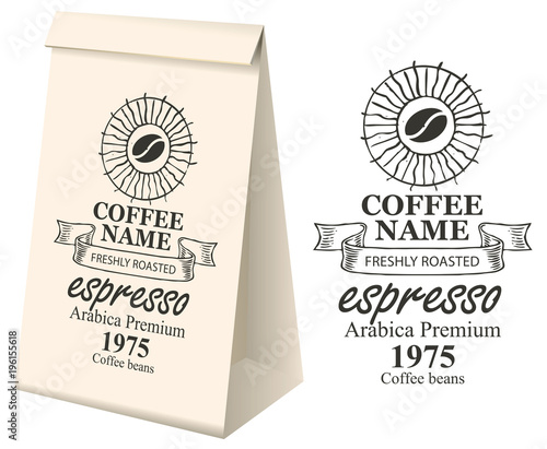 Paper packaging with label for coffee beans. Vector label for coffee with coffee bean, pencil drawing and inscription and 3d paper package with this label.