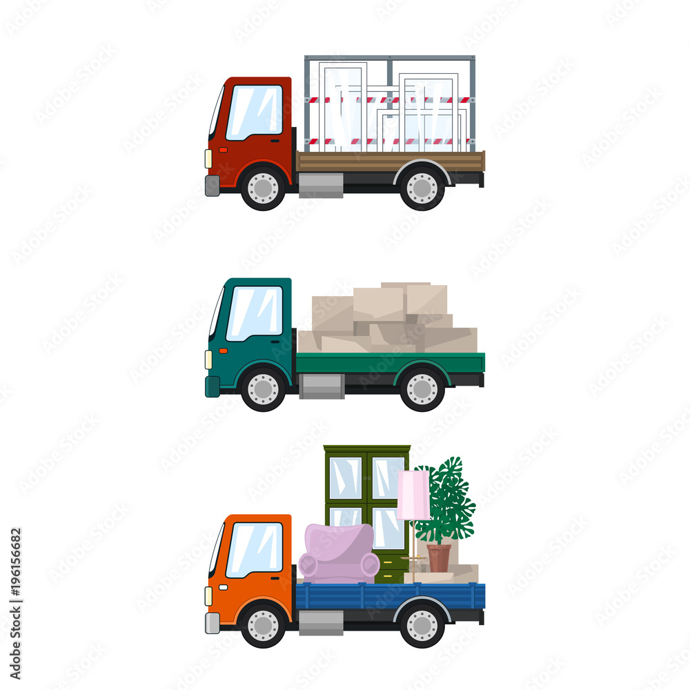 Set of Small Cargo Trucks, Van with Windows, Green Mini Lorry with Boxes, Orange Truck with Furniture, Transport and Delivery Services, Logistics, Vector Illustration