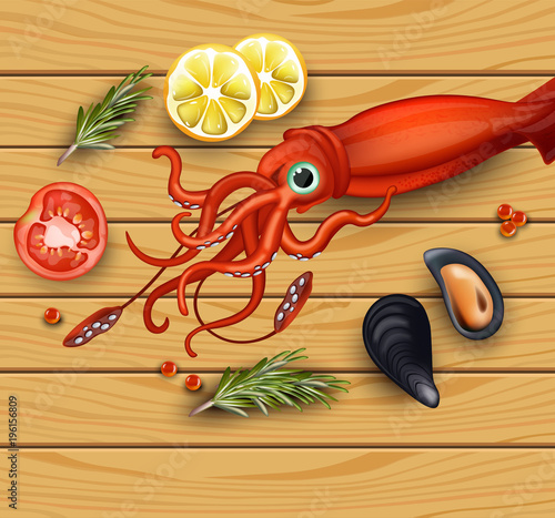 Squid and mussels seafood on wood background. Vector realistic detailed illus...