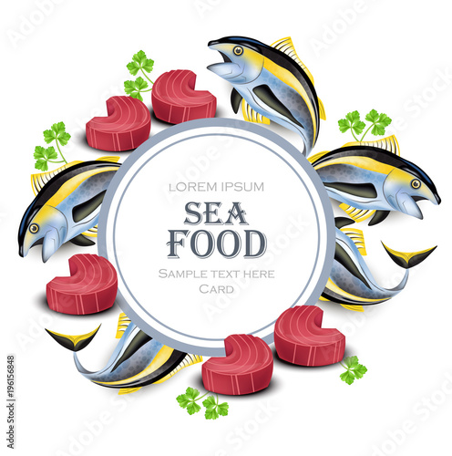 Tuna fish card Vector. realistic tuna steak seafood round frame illustrations