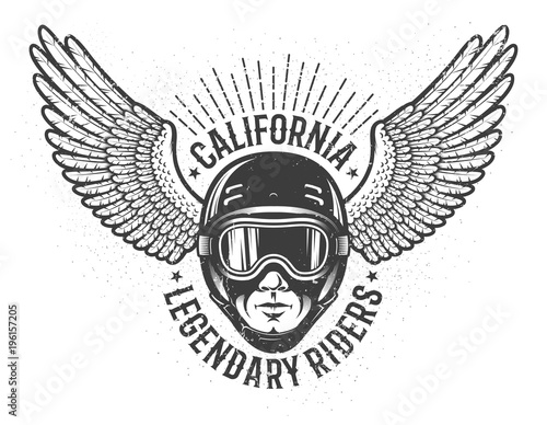 Head of the rider in helmet and sports goggles with wings on the sides - vintage emblem. Worn texture on separate layers and can be disabled.