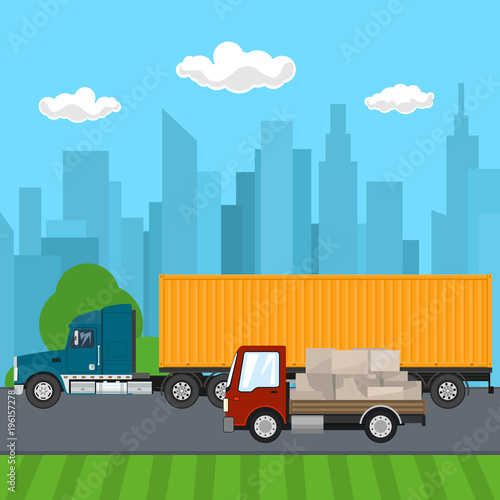 Road Transport and Logistics, Truck and Small Cargo Van with Boxes Drive on the Road on the Background of the City, Transport Services, Vector Illustration