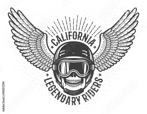 Californian legendary racers retro emblem with skull in helmet and glasses and wings of a bird. Worn texture on separate layer and can be easily disabled.